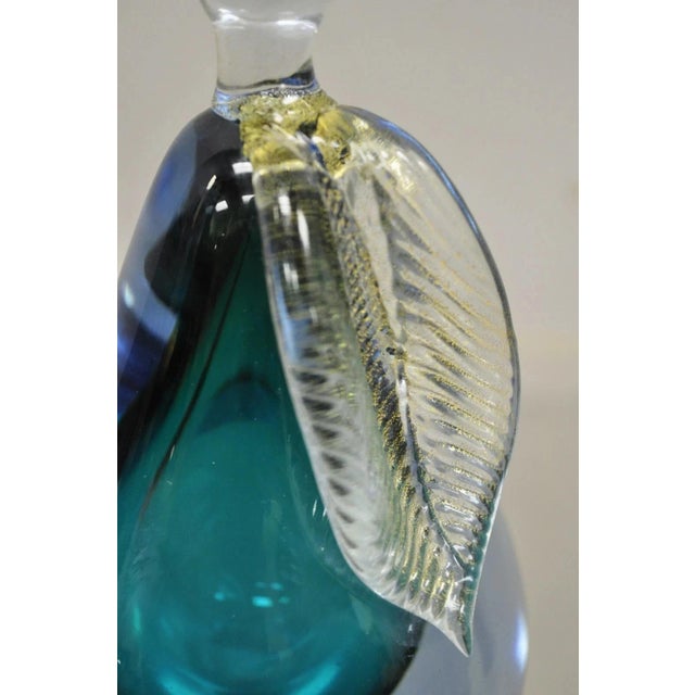 Italian Murano Blue 7" Blown Art Glass Pear Fruit Gold Flecks Leaf Paperweight For Sale - Image 4 of 10