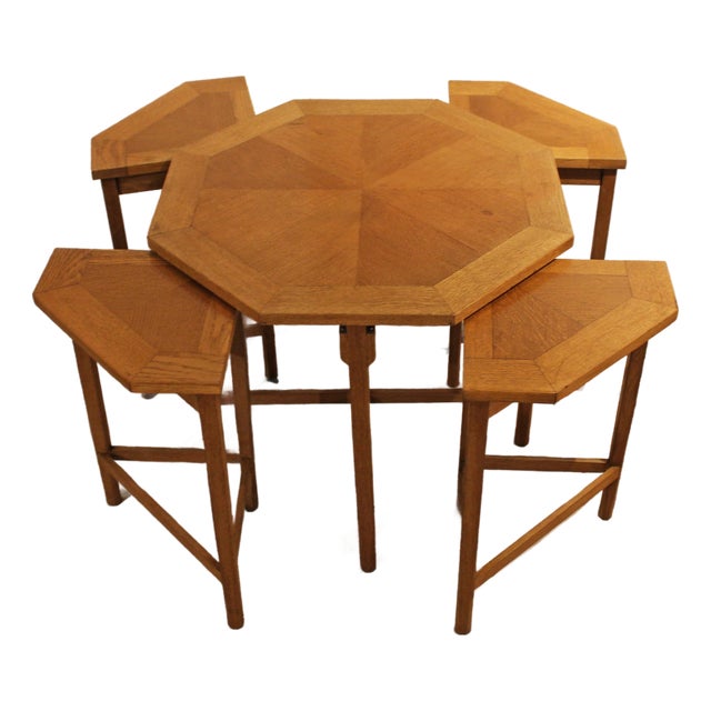 Circa 1970s English Mid Century Modern Oak Coffee Table & Nesting Tables Set For Sale