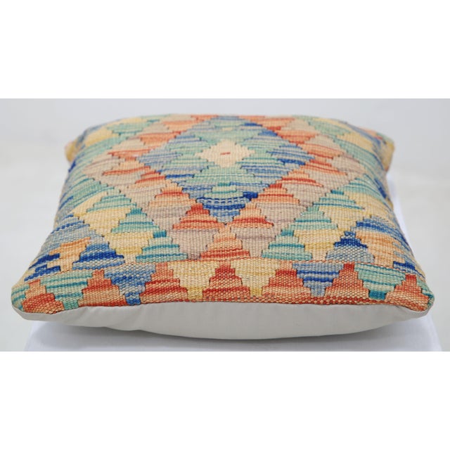 Tribal Arteverk Handwoven Afghan Kilim Pillow — Teal & Red Diamonds For Sale - Image 3 of 3