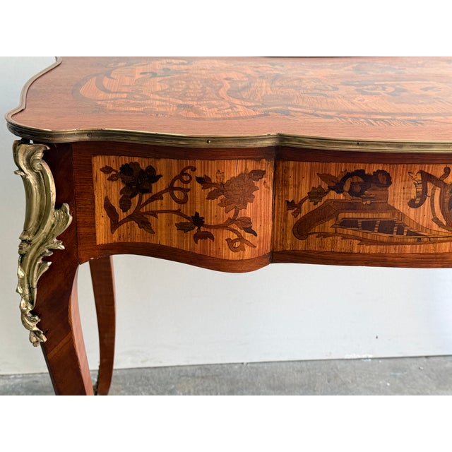 1940s Louis XV Style Inlaid Writing Desk With Ormolu Mounts & Marquetry Top For Sale In New York - Image 6 of 15