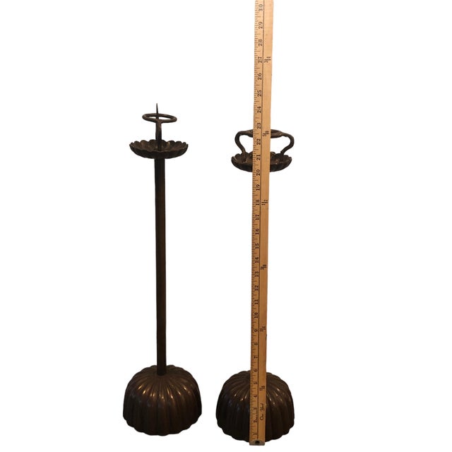 Metal Lotus Candle Holders - Vintage Japanese Style Bronze - Set of 2. For Sale - Image 7 of 7