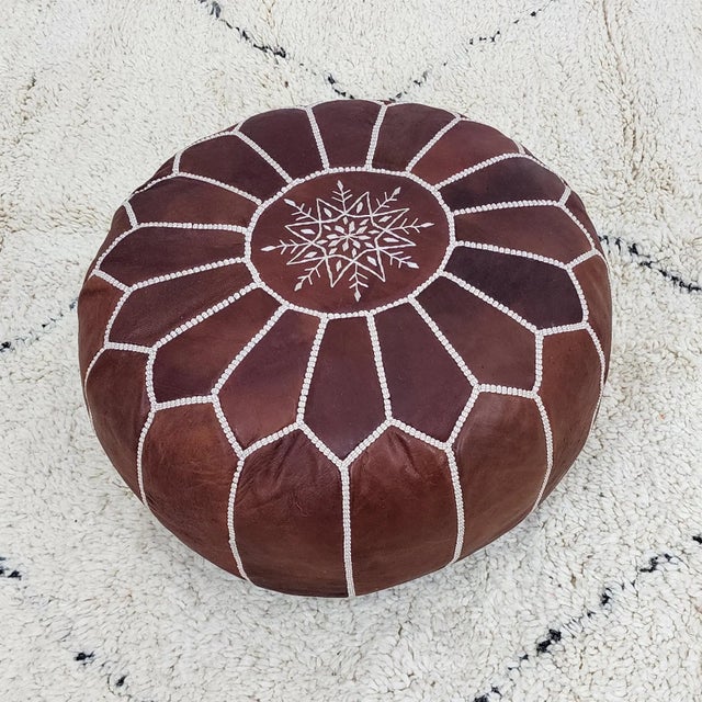 2020s Authentic Moroccan Pouf – Genuine Leather Ottoman, Handmade Footstool, Unstuffed Floor Cushion, Bohemian Living Room Decor For Sale - Image 5 of 11