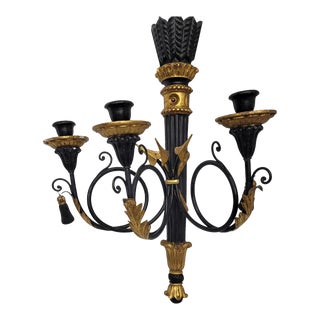 Vintage Italian Neoclassical Black & Gold Giltwood Arrow & Tassel Candlestick Holder Wall Sconce For Sale