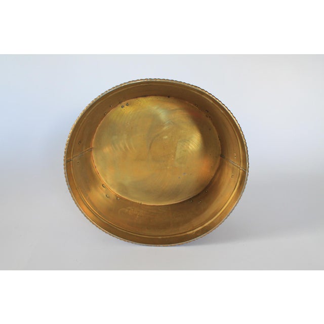 Vintage Oval Brass Cachepot W/ Lion Head Handles, Paw Feet and Etched Asian Motif For Sale - Image 13 of 18