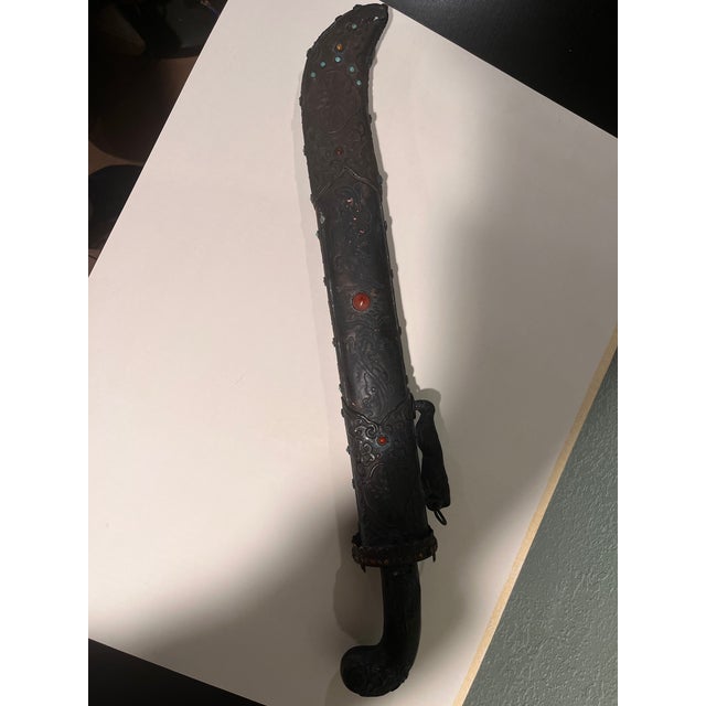 Vintage Sino Tibetan Short Sword Dagger Hand Forged Steel Repousse Scabbard 25" For Sale - Image 4 of 15