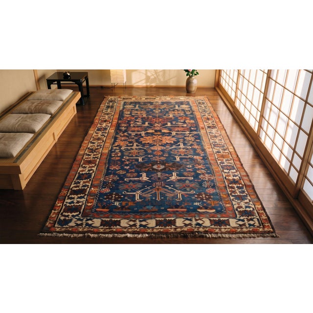 1900s Royal Blue Geometric Antique Caucasian Rug 4' 6" X 9' 8" Handknotted Wool Carpet For Sale - Image 9 of 10