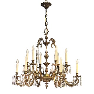 Antique Spanish Brass 6-Arm Heavy Chandelier With Crystal For Sale
