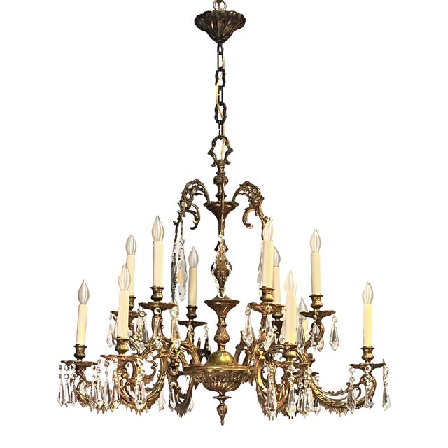 Antique Spanish Brass 6-Arm Heavy Chandelier With Crystal For Sale