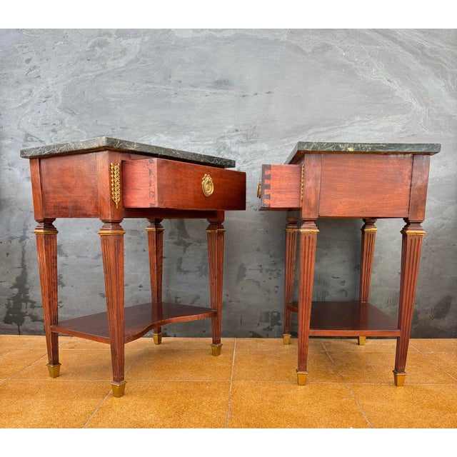 Brown French Louis XVI Style Nightstands with Marble Tops, 1920, Set of 2 For Sale - Image 8 of 15