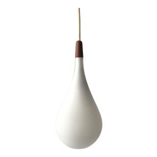 Vintage 1960s Holmegaard, Denmark Satin Glass + Teak Pendant Lamp For Sale