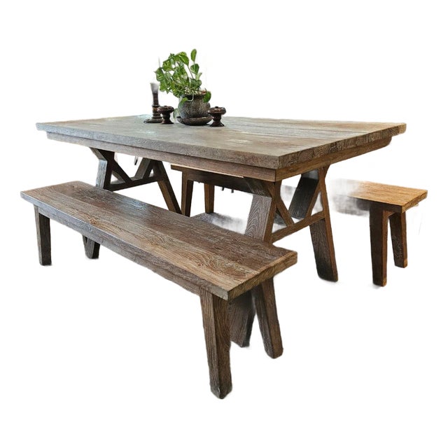 French Rustic Whitewash Trestle Dining Set, Indoor and Outdoor For Sale