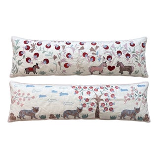 White Animal Suzani Lumbar Pillow Cover 18'' X 56'' - Set of Two For Sale