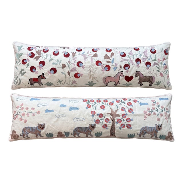 White Animal Suzani Lumbar Pillow Cover 18'' X 56'' - Set of Two For Sale