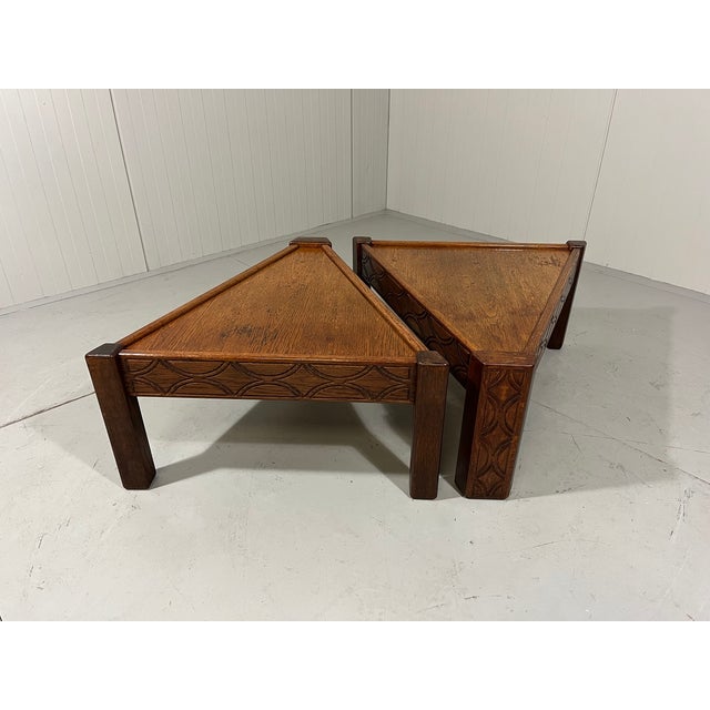 1970s Brutalist Triangular Shaped Oak Coffee Side Tables, 1970s, Set of 2 For Sale - Image 5 of 18