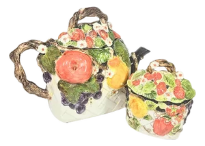 Handpainted Majolica Fruit Basket Teapot and Sugar Bowl- Set of Two