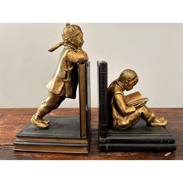 Art Deco Gilt Metal Bookends by Ronson Oriental Sculptures Circa 1930 For Sale - Image 10 of 13
