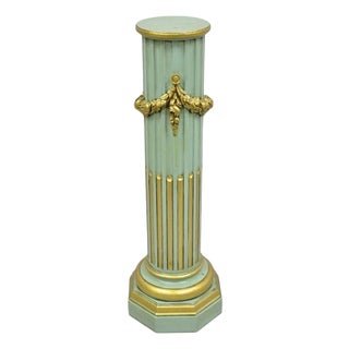 Antique French Empire Neoclassical Green & Gold Painted Wooden Column Pedestal For Sale