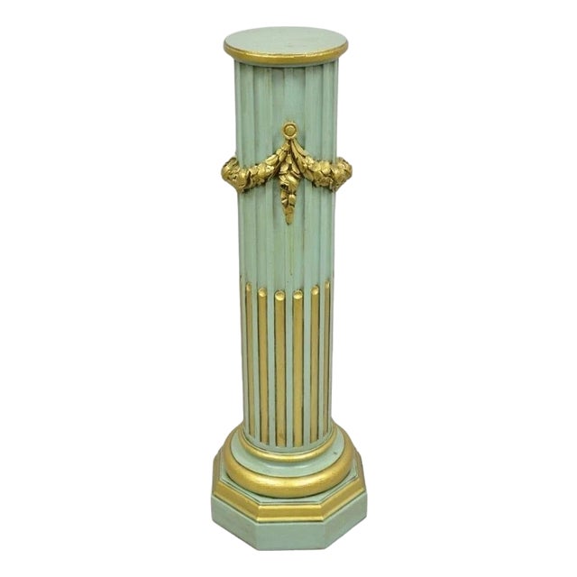 Antique French Empire Neoclassical Green & Gold Painted Wooden Column Pedestal For Sale