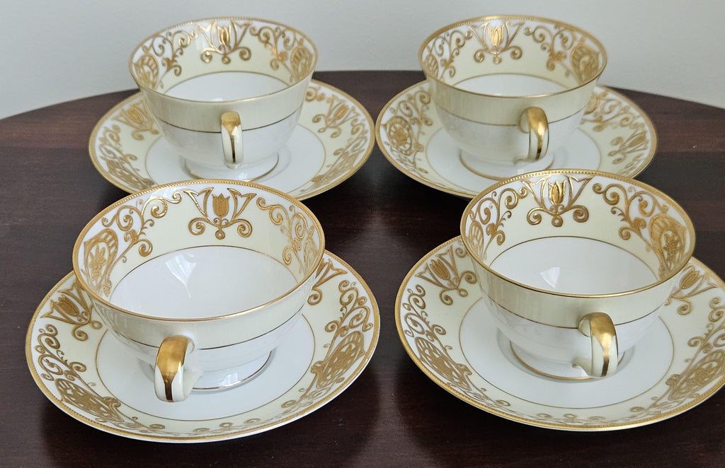 20 Piece Porcelain Tea Set - Gold Trim, Includes Pot, 6 Cups & Saucers, And Rack