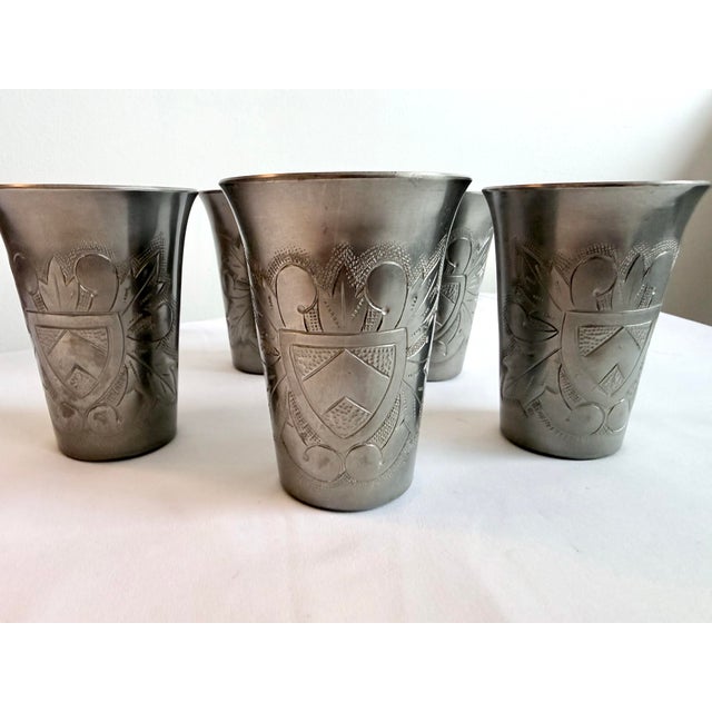 Vintage Set of 5 Heraldic Crest Style Mecap Pewter Tumbler Cups Made in Belgium For Sale - Image 4 of 8