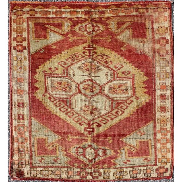 Textile Square Turkish Oushak With Medallion Design in Muted Red, L. Green & Yellow For Sale - Image 7 of 7