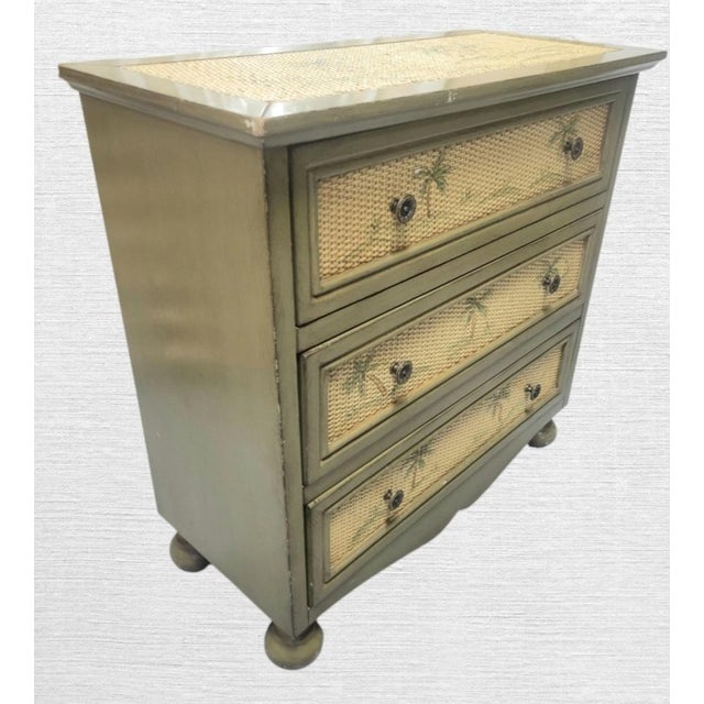 Wood Vintage Palm Beach Regency Painted Palm Tree Woven Rattan Sage Green Three-Drawer Chest / Nightstand For Sale - Image 7 of 9