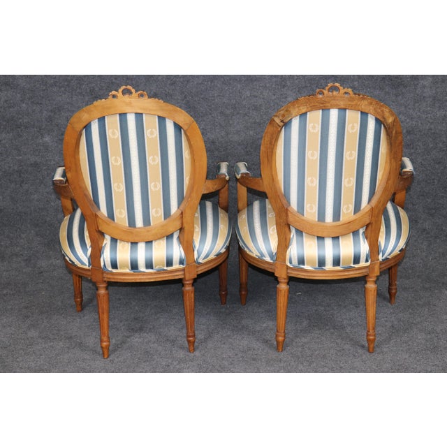 French Pair 1920's French Louis XVI Carved Armchairs With Silk Upholstery For Sale - Image 3 of 15
