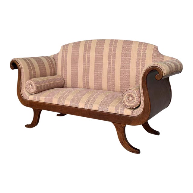 French Early 20th Regency Style Wood Scroll Arms Sofa or Setee For Sale
