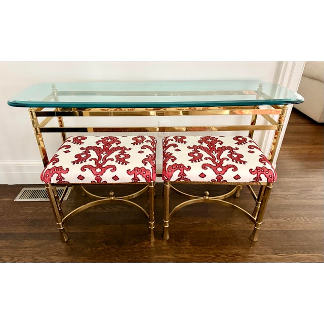 Hollywood Regency Brass & Glass Console With Pair of Upholstered Benches Stools 3 Pc For Sale - Image 3 of 11