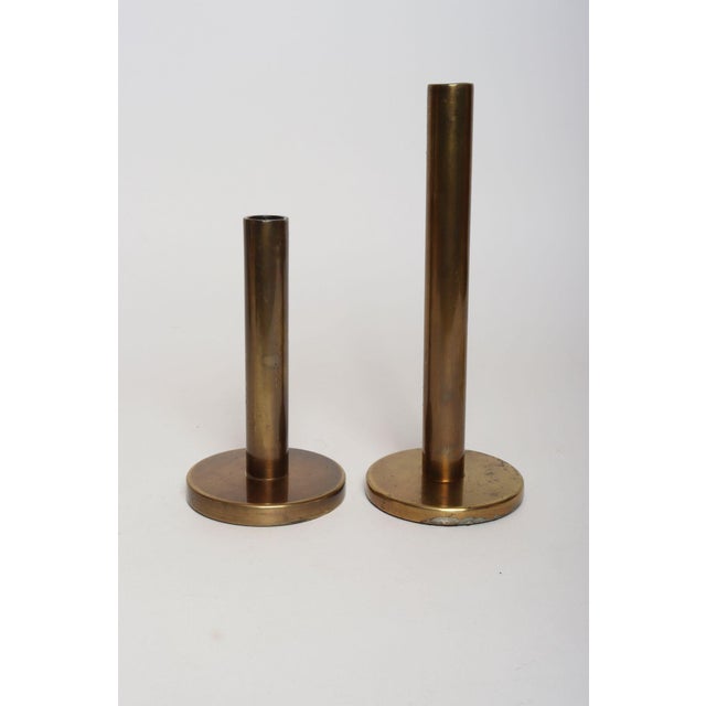 Set of Two Vintage Patinated Brass Candlesticks With Cork Bases For Sale - Image 4 of 18