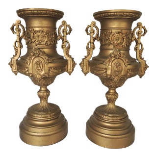 Italian Neoclassical Gold Spelter Ornamental Planters or Urns - A Pair - Italy For Sale