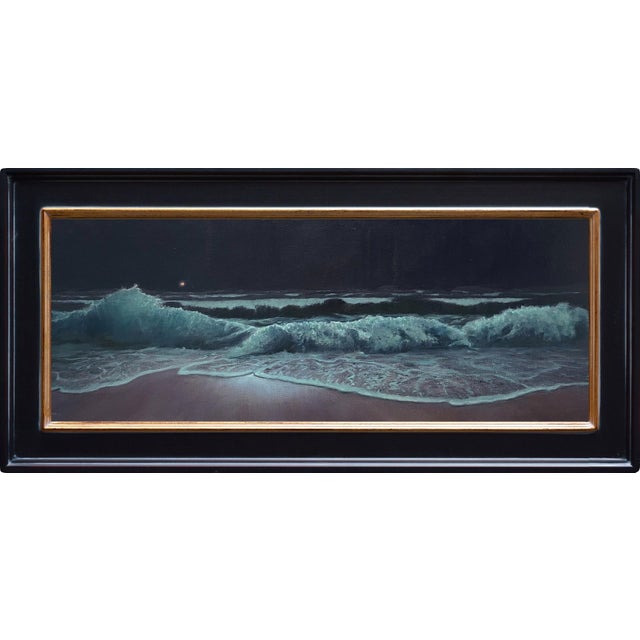 The painting depicts a dramatic seascape at night, where powerful waves crash against the shore, illuminated by a distant...