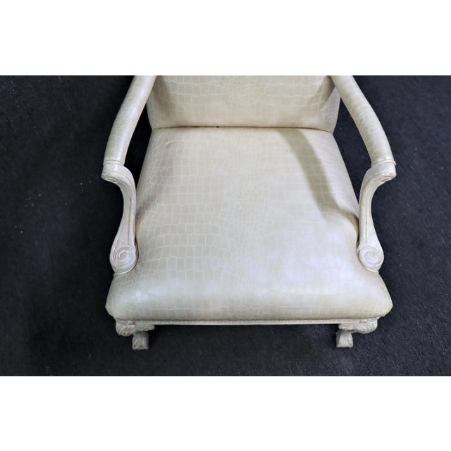Chippendale Style Paint Decorated Open Armchair, cream paint decorated with alligator print leather upholstery, acanthus...