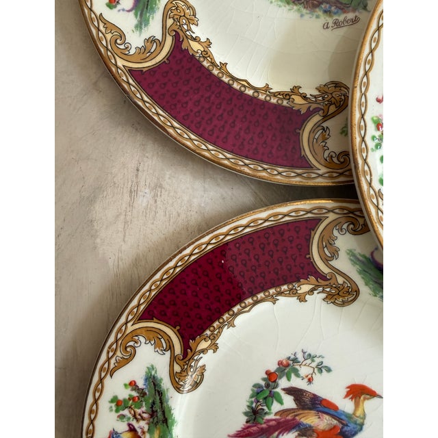 Burgundy Antique Myott Chelsea Bird Bread Plates – 6 3/8-Inch Staffordshire England Porcelain With Burgundy and Gilt Decoration - Set of Eleven (11) For Sale - Image 8 of 12