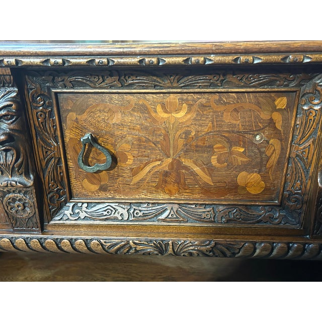 Antique Flemish Carved Oak Sideboard Late 19th Century Toms-Price Chicago Provenance Grotesque Masks Marquetry Inlay For Sale In Chicago - Image 6 of 7