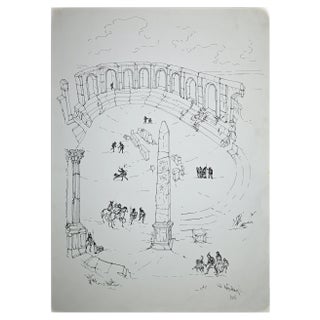 Roman Forum with Characters, Original Drawing Attributed To Giulio Zek, 1961 For Sale