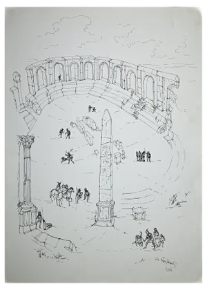 Roman Forum with Characters, Original Drawing Attributed To Giulio Zek, 1961