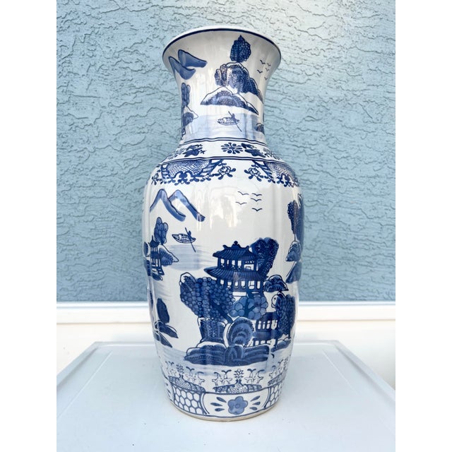 Tall Vintage Asian Chinese Blue & White Ribbed Porcelain Vase For Sale In West Palm - Image 6 of 7