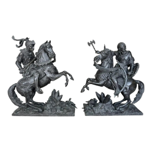 19th Century Pair French Bronze Sculptures Knights Equestrian Warriors