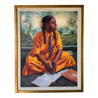 Vintage Haitian Figurative Young Girl Writing Oil Painting by Horestal For Sale