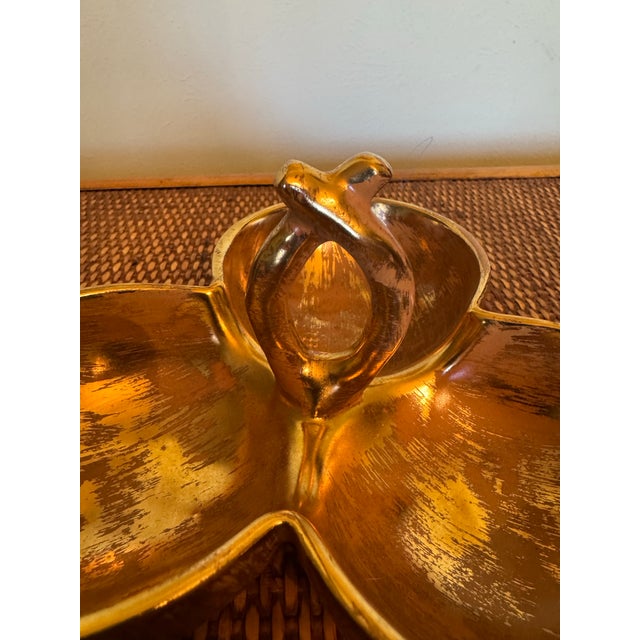 Great American mid-century Slangl gilded pottery 3 bowl candy dish with faux-bois handle.