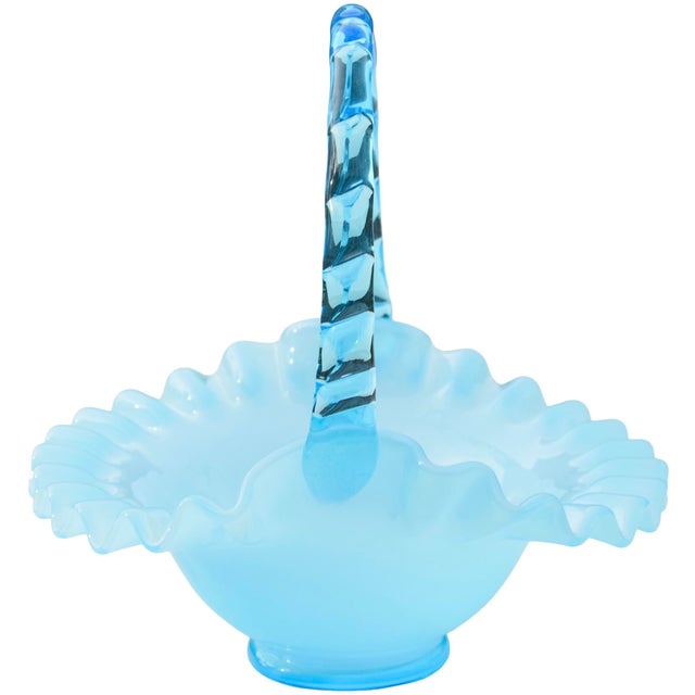Mid 20th Century Mid 20th Century Handblown Blue Art-Glass Ruffled Basket Accent For Sale - Image 5 of 7
