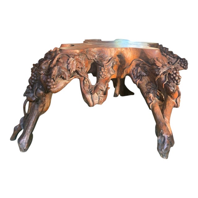 Vintage Burlwood Root Console Table With Grapevine Motif For Sale