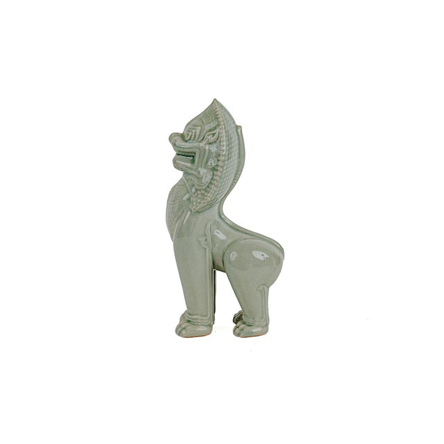 1960s Vintage Thai Singha Lion Foo Dog Statues in Celadon For Sale - Image 5 of 12