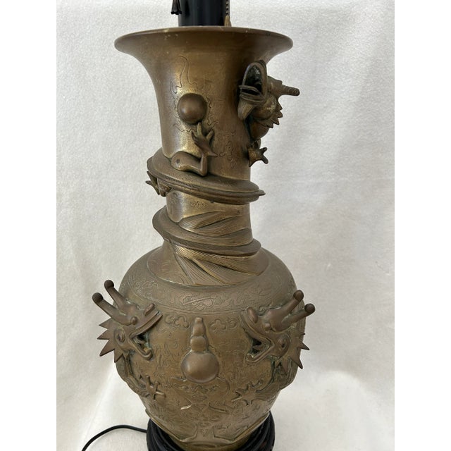Chinese Antique Chinese Bronze Relief Dragon Vase Double Socket Table Lamp For Sale - Image 3 of 12