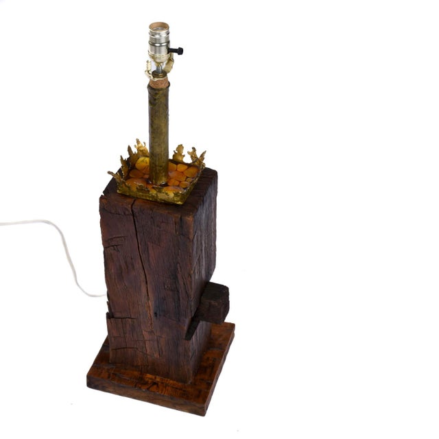 Mid-Century Modern Vintage 1970s Brutalist Torch Cut Table Lamp With Nakashima Style Wood Base For Sale - Image 3 of 15