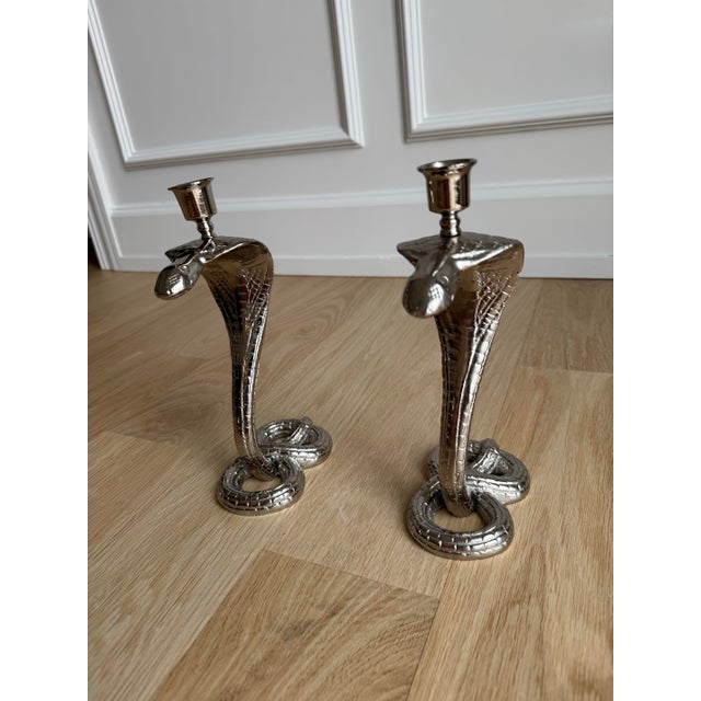 1930s Egyptian Revival Bronze Candlesticks/Taper Candle Holders, Newly Nickel Plated – Exquisitely Detailed Sculptural Pair For Sale - Image 11 of 11