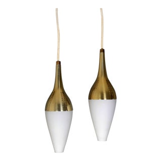 1960s Frosted Glass and Brass Pendants - A Pair For Sale