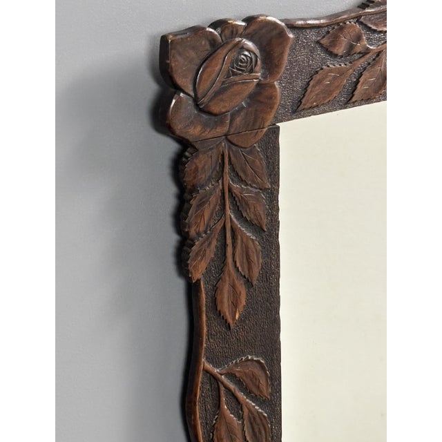 Rustic Antique Hand-Carved Wall Mirror with Floral Roses, 1890s For Sale - Image 3 of 17