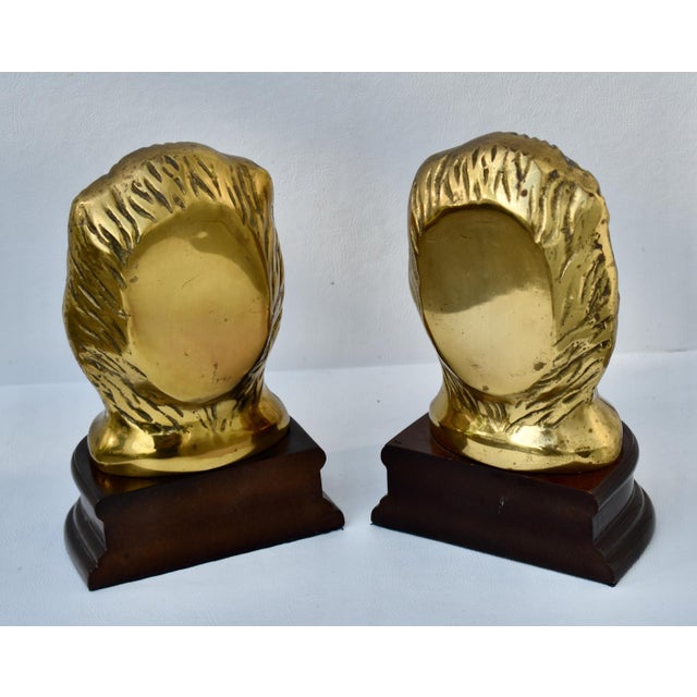 Vtg. Pair of Brass Lion Head Traditional Style Bookends W/Wood Base For Sale - Image 11 of 12